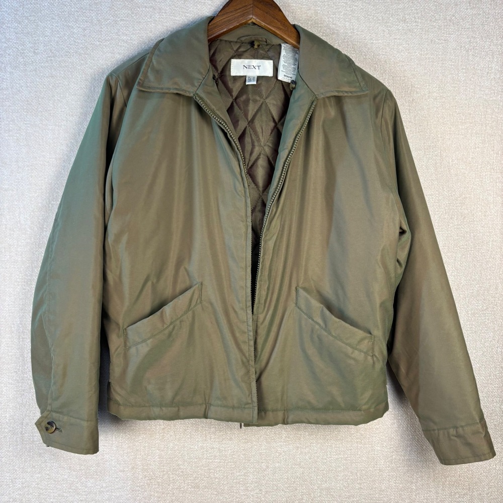 Next Women Iridescent Olive Green Harrington Jacket Quilted Lining Full Zip Sz 6